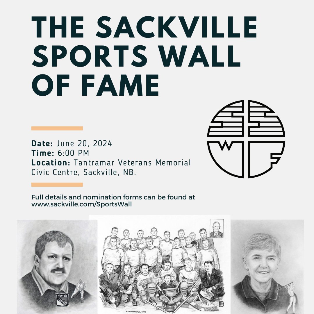 Mark your calendars for June 20th, 2024, and join us at 6:00 PM at the Tantramar Veterans Memorial Civic Centre, as we honor our local sports heroes at the Sackville Sports Wall of Fame induction ceremony! 🎉 

#SackvilleSports #WallOfFame #LocalHeroes #SportsLegends