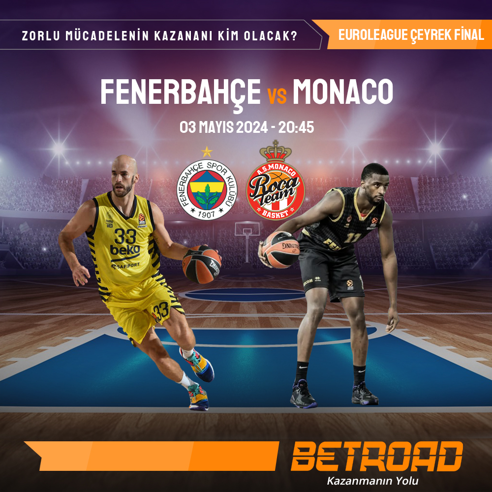 🏀 Euroleague temsilcimiz Fenerbahçe, çeyrek final serisi dördüncü maçında yeniden Monaco ile karşılaşıyor! Rekabetin tavan yapacağı bu karşılaşma ile basketbolun coşkusunu #Betroad'da yaşayın. Betroad Giriş: bit.ly/3TyqoDr