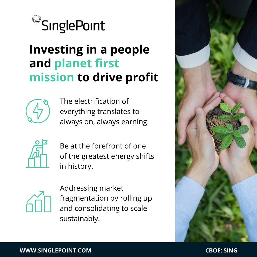 🔌💡 At SinglePoint, we're powering progress with a heart for people and planet. Join us on a mission where sustainability meets profitability.

#PeoplePlanetProfit #EnergyFuture #RenewableEnergy #GreenInvesting #ClimateAction #EcoInvestments #SustainableLiving