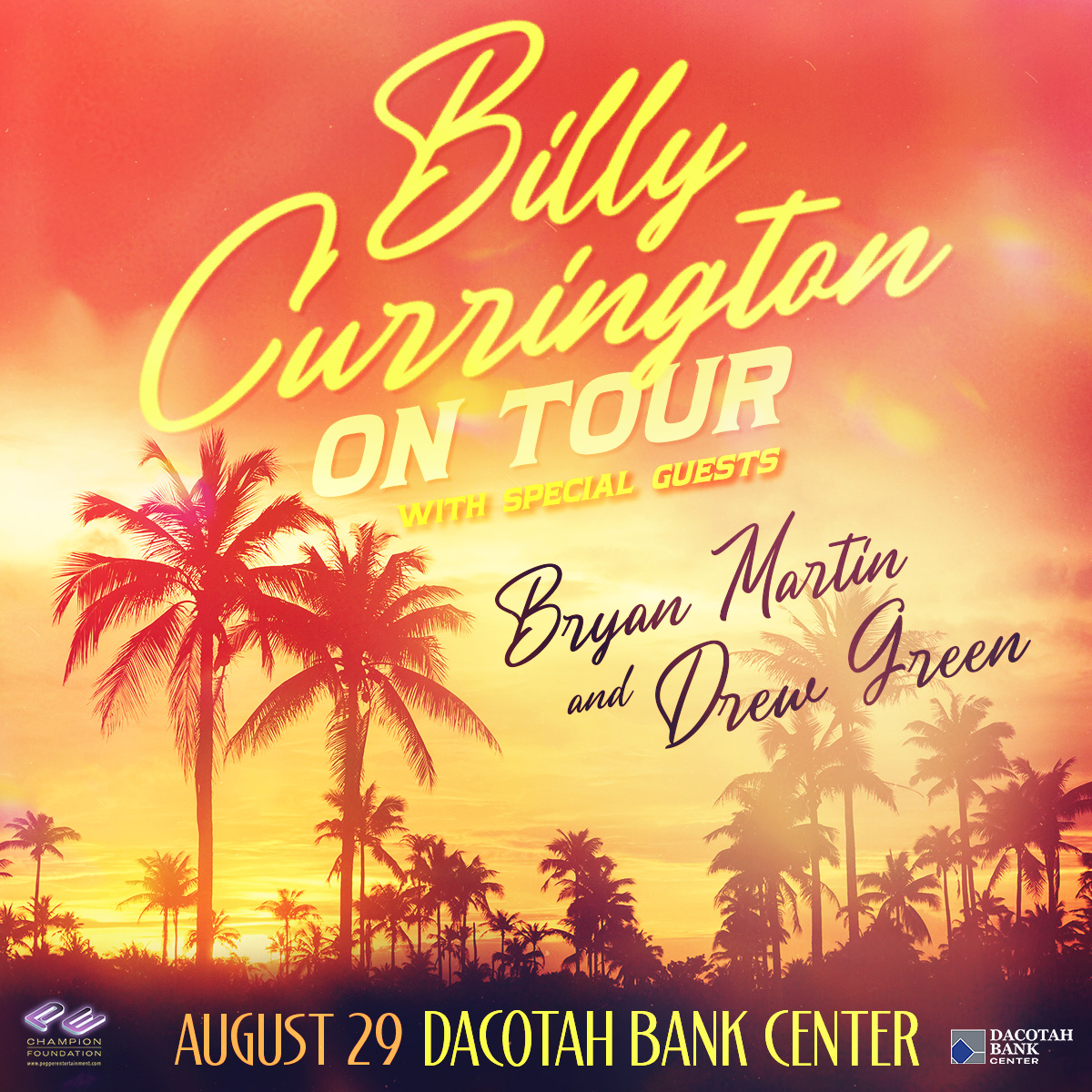 Tickets NOW on sale! 🔥ticketmaster.com/event/06006096…

#PepperPresents Billy Currington On Tour
With special guests: Bryan Martin and Drew Green
Dacotah Bank Center | August 29

#DacotahBankCenter #BillyCurrington #BryanMartin #DrewGreen #OVG