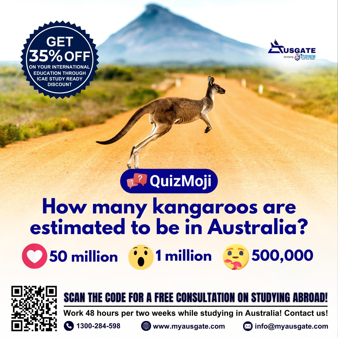 How plenty kangaroos are in Australia? Hit this link to book FREE CONSULTATION on studying abroad: calendly.com/info-ausgate

#StudyInAustralia #AustralianEducation #StudyAbroadExpert #AustralianVisa #StudentVISA #InternationalStudents #StudyAbroadConsultants