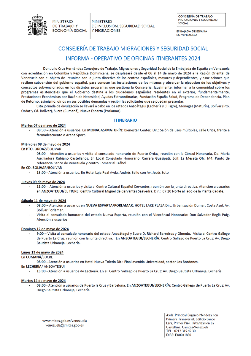 Buenos días. Por modificación de fechas se publica nuevo calendario de operativos de oficinas itinerantes 2024 de la Consejería de Trabajo, Migraciones y Seguridad Social. Calendario publicado ayer jueves 02/05/2024 queda sin efecto.