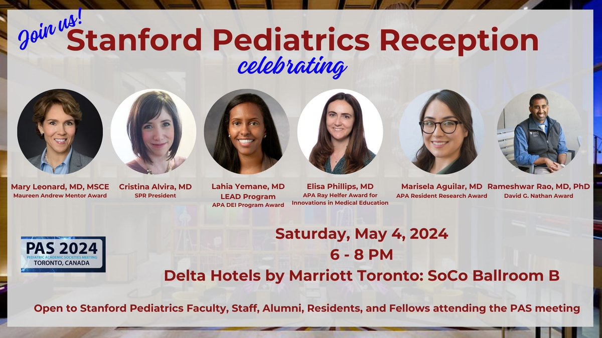 Stanford alumni, attending the Pediatric Academic Societies Meeting? Join us at the Stanford Pediatrics Reception celebrating our award winners on Saturday, May 4 from 6-8 p.m. at the Delta Hotels by Marriott, SoCo Ballroom B. #PAS2024