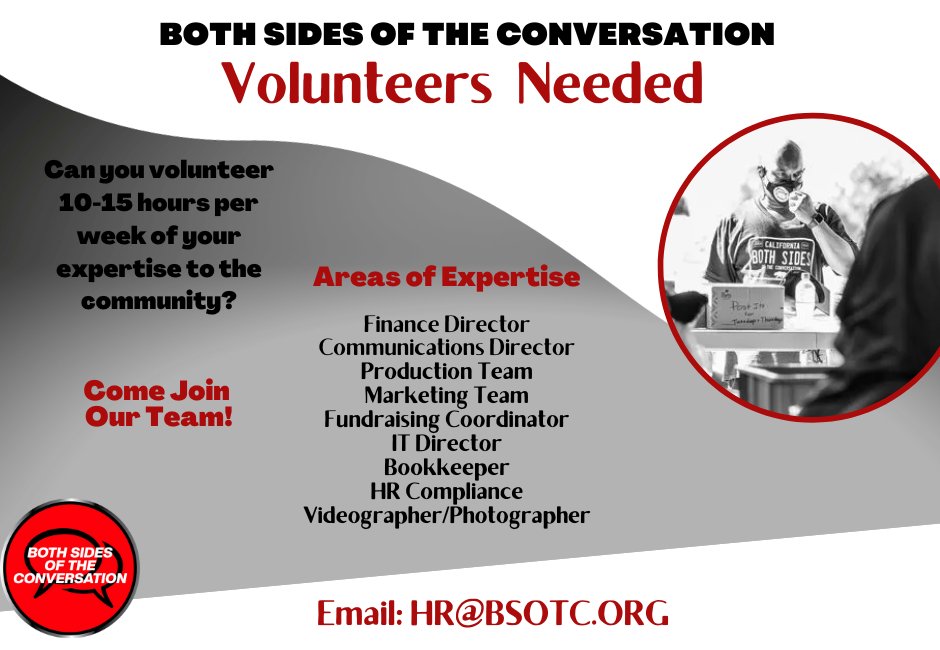 VOLUNTEERS! Are you available to volunteer 10-15 hours per week? Email hr@bsotc.org
Both Sides Of The Conversation
Changing The Narrative From Our Voices
BSOTC.org
linktr.ee/bsotc
#BSOTC
#dreamkeeperssf
#ycd
#hrcsf
#collectiveImpactsf
#glide