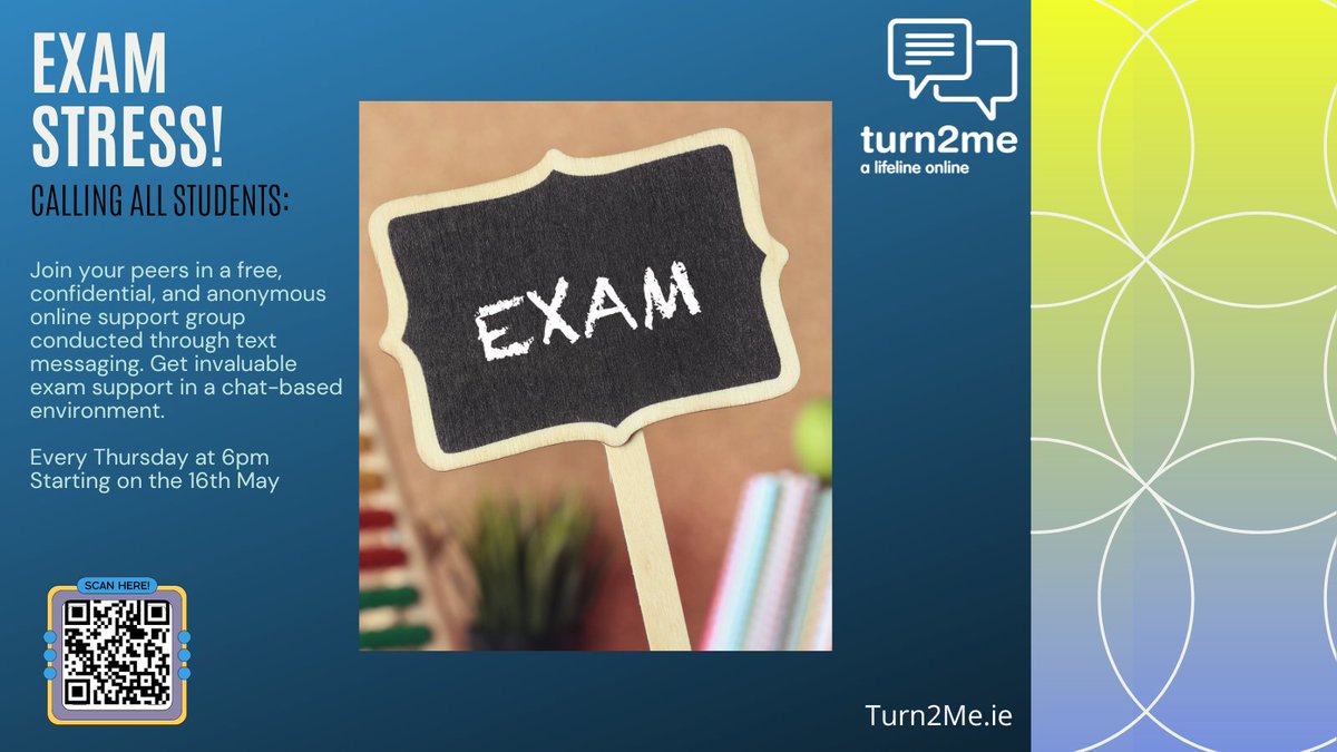 Students! Join your peers in a free, confidential, & anonymous online support group conducted through text messaging. Every Thursday at 6pm Starting on the 16th May Sign up at Turn2Me.ie #alifelineonline #exams #stress #support #students