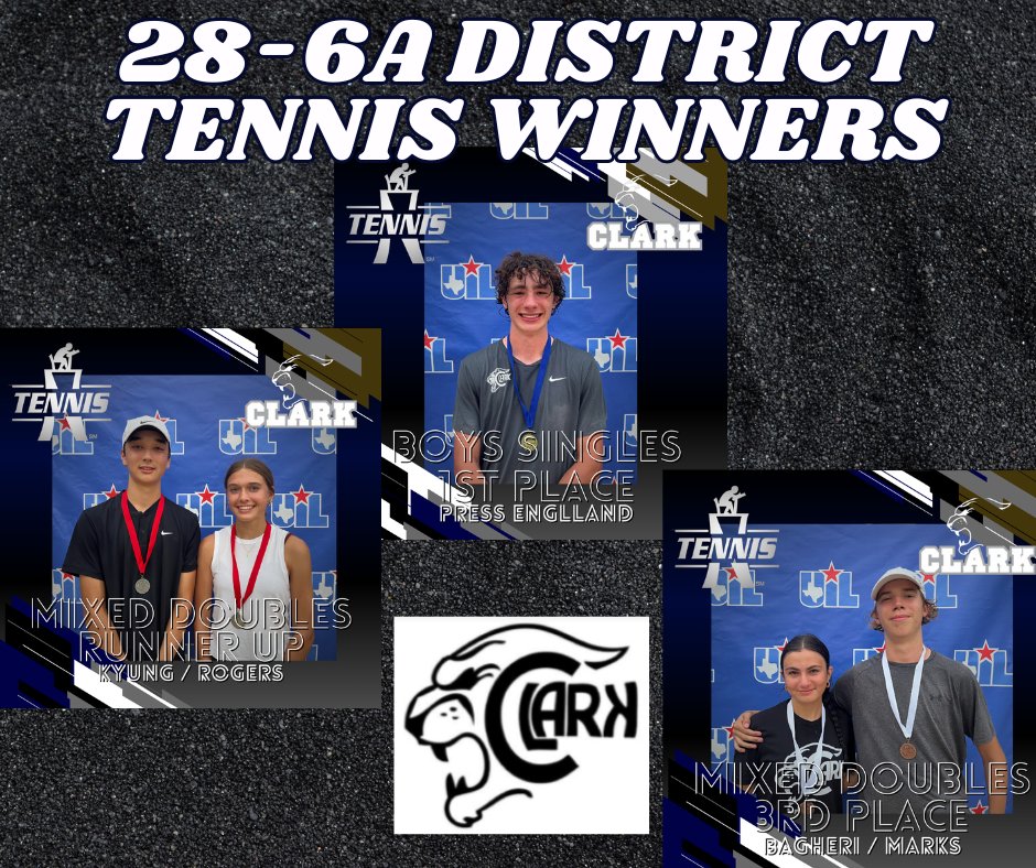 WAY TO PLAY!. Congrats to CLARK TENNIS 28-6A District winners. Press England, 1st Place Boys Singles, 2nd Place Mixed Doubles Team Kyung & Rogers, 3rd Place Mixed Doubles Team Bagheri & Marks. @ClarkAthBooster @NISDClark @clarktennis217