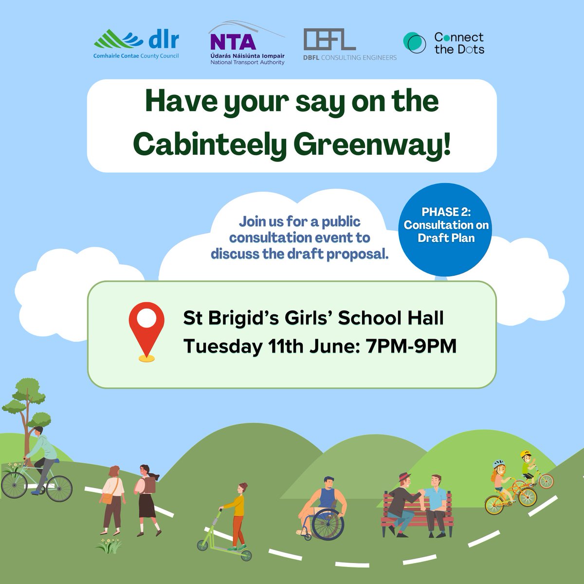 We want you to #HaveYourSay on the Cabinteely Greenway. Join us for a public consultation event to discuss the draft proposal. 
For further details kindly visit bit.ly/DLRCabinteelyG…
Or to register to attend please click here: bit.ly/CabinteelyGree…