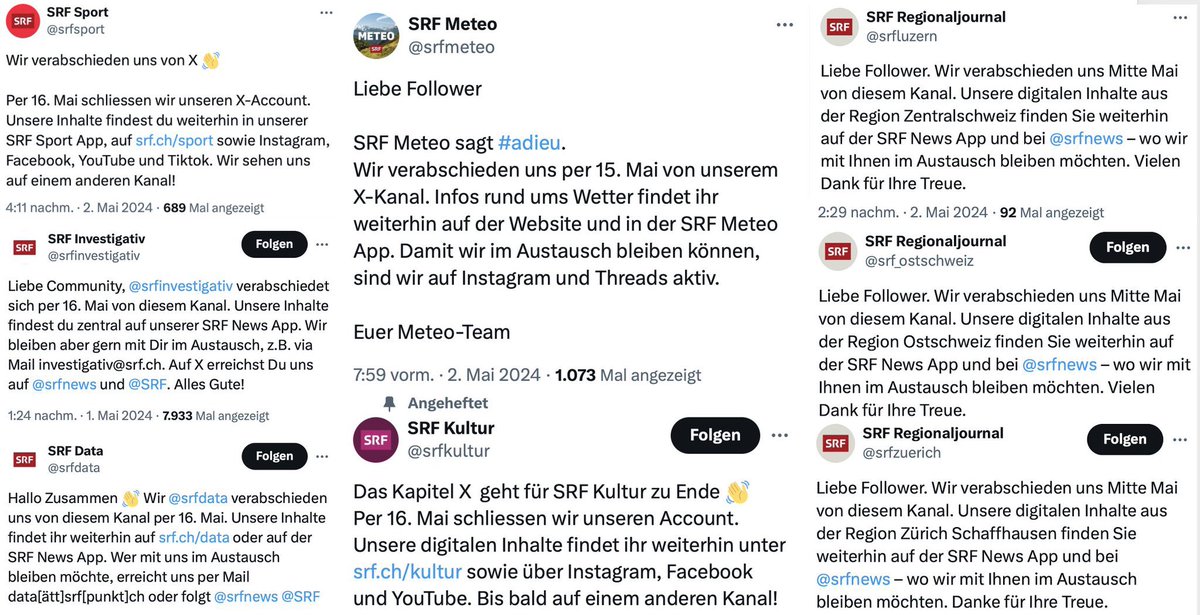 Indianerehrenwort!

#SRF verlässt X, um sich auf die eigene NewsApp zu konzentrieren & nicht aus woker Abneigung gegen X & Kritikunfähigkeit
PS: selbstverständlich bleibt @SRGSSR trotz Fokussierung bei allen anderen sozialen Kanälen (FB, IG, TikTok) „zufälligerweise“weiter dabei