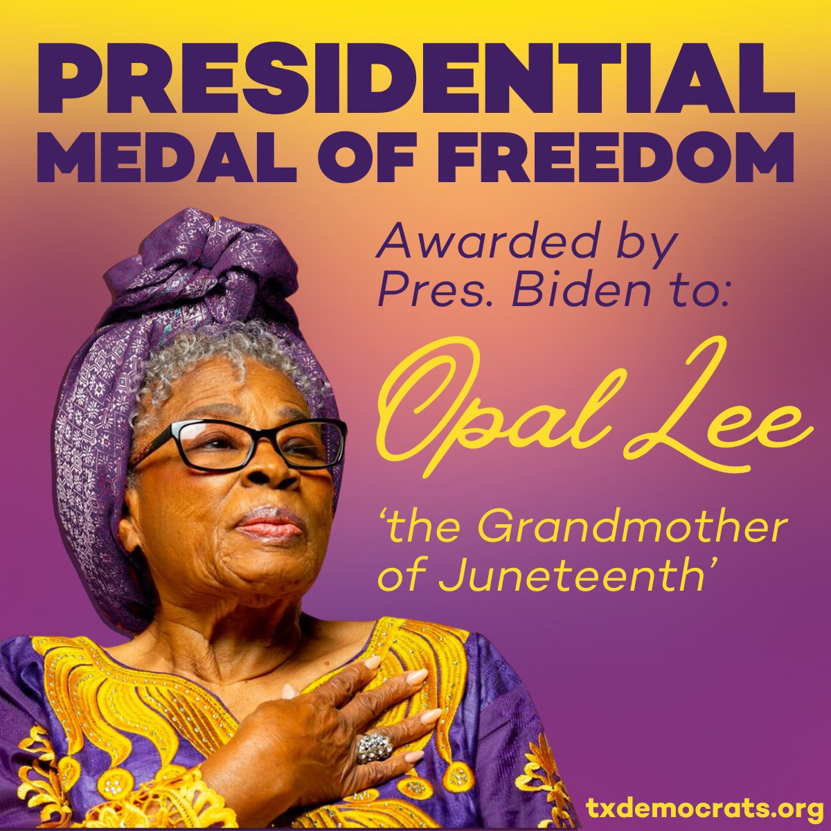 Congratulations to Texas' own Opal Lee for receiving a Presidential Medal of Freedom! 

Ms. Opal is a retired educator and activist who led the movement to declare Juneteenth a federally-recognized holiday. We can't think of anyone more deserving of this honor!