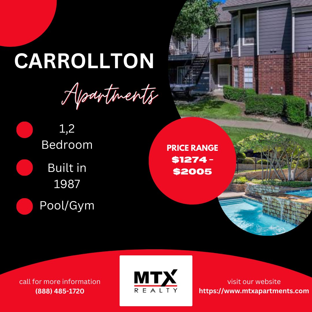 🌟 #CarrolltonCharm 🏡

MTX Realty offers:

🛏️ 1-2 BRs from $1274!
🏊 Pool & 🏋️ gym!
🏢 Built in 1987 for cozy living!
📞 Call (888) 485-1720 to get started!

#MTXRealty #LiveInCarrollton #ComfortAndStyle 🌆✨