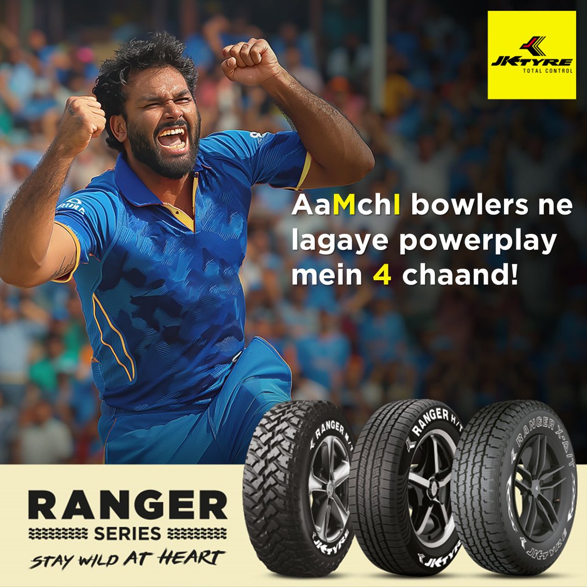 A powerful performance by Paltan  that saw 4 wickets tumbling! 
Its as wild as ride on our Ranger series Tyre!

Check out the #RangerSeries tyre from JK Tyre, built for adventures, and multiple terrains, for those who are ‘Wild at Heart’

#JKTyre #IndianT20League #Mumbai #Kolkata
