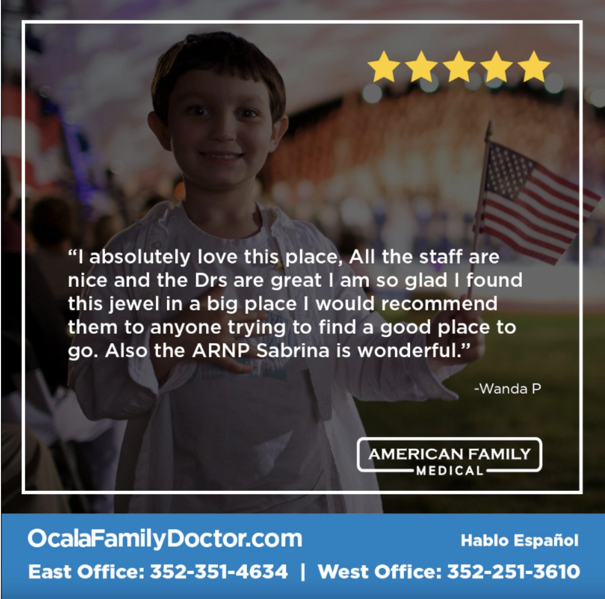 Thank you Wanda, we think you are wonderful too.

#AFM #Ocalafamilydoctor #marioncountydoctor #Ocaladoctor #wellness #labwork #labservices #DO #pediatrics #childrenhealth