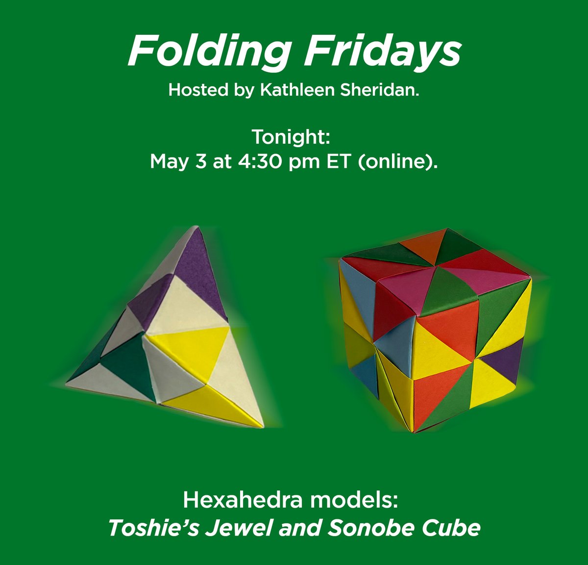 Bring your paper and your best Zoom dance moves to tonight's Folding Fridays session! Learn how to fold the modular bipyramid or cube below with help from your host Kathleen Sheridan. Register at momath.org/folding-fridays.