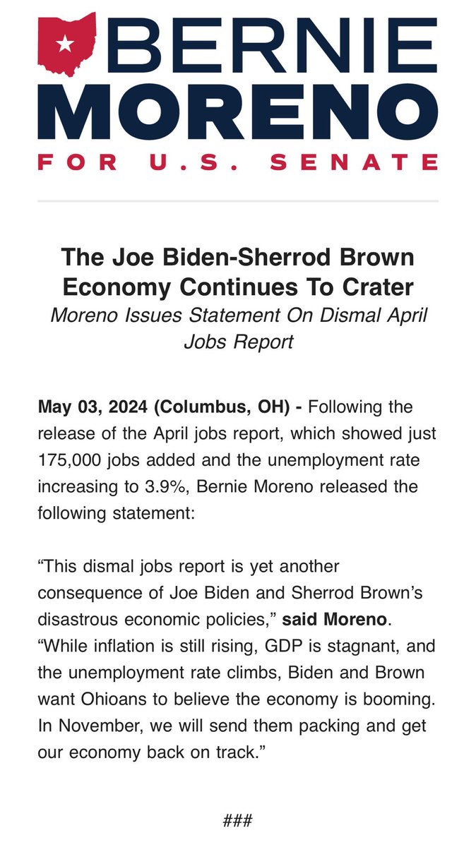 First, Joe Biden & Sherrod Brown crushed American workers and seniors with inflation causing policies. Then the Federal Reserve massively raised interest rates. Now private sector job growth has plummeted and unemployment is in the rise. America can’t afford Biden or Brown.