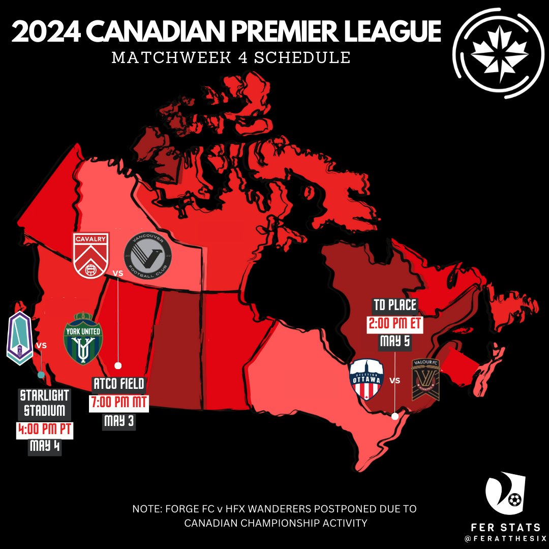 Canadian Premier League Matchweek 4 ⚽️

Where will you be watching in this eventful weekend? Rematch of the #CanChamp preliminary round at Spruce Meadows, Star Wars Day, Cinco de Mayo.
Great opportunity for Pacific FC & Ottleti to claim the top of the table.

#CanPL 🍁🇨🇦