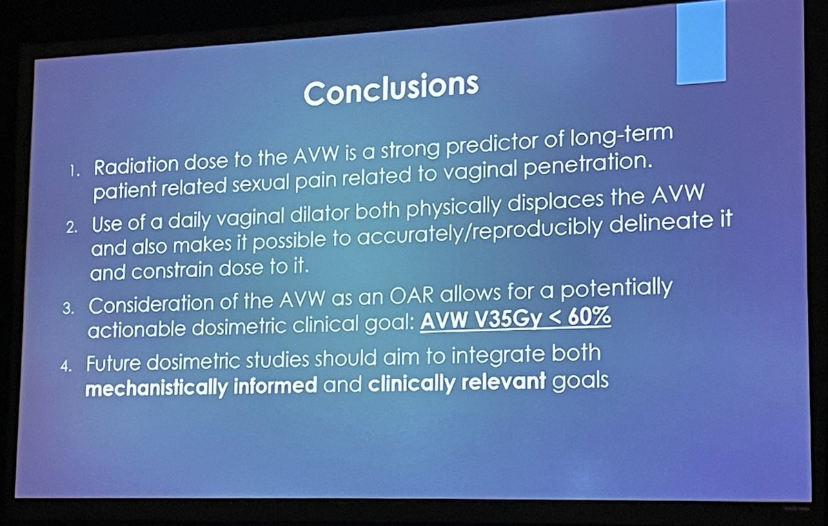 Another great oral presentation at #ARS2024. Our @MDAndersonNews #RadOnc PGY4 resident @MichaelRooney67 gave a compelling talk on the role of RT dose to the anterior vaginal wall as a predictor of sexual pain after chemoRT for Anal cancer. Take home message- keep the V35 < 60%!!