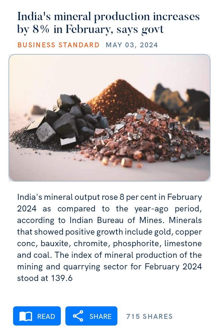 India's #mineralproduction increases by 8% in February, says govt business-standard.com/industry/news/…