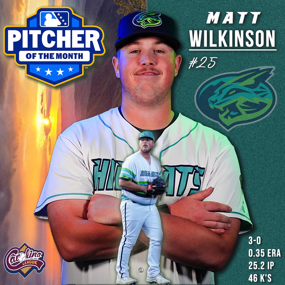 Matt Wilkinson has been named the MiLB Pitcher of the Month for April in the Carolina League! He is leading the Carolina League in Innings Pitched, Strikeouts, ERA, and WHIP! #minorleague #minorleaguebaseball #milb #lynchburghillcats #prospect #baseball #summer #hillcats
