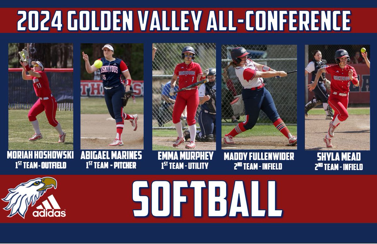 Congratulations to our All-GVC Selections for SOFTBALL!
Finished 2nd Place in the Conference

Moriah Hoshowski 
Abigael Marines
Emma Murphy
Maddy Fullenwider 
Shyla Mead 

Thank you for your dedication to College of the Siskiyous Athletics and our Softball Program!

GO EAGLES! 🦅