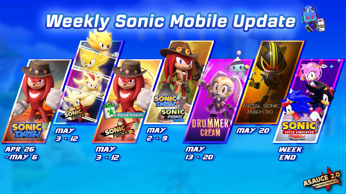 - Super Recap is now live on Sonic Forces Mobile, with Series Knuckles Bonus Missions. - Treasure Hunter Knuckles in Sonic Prime Dash & Dash+. - Series Knuckles in Dash is still going on. Halloween Card Boosts next week. - Popstar Amy, Rockstar Sonic & Shadow coming to Speed Sim.