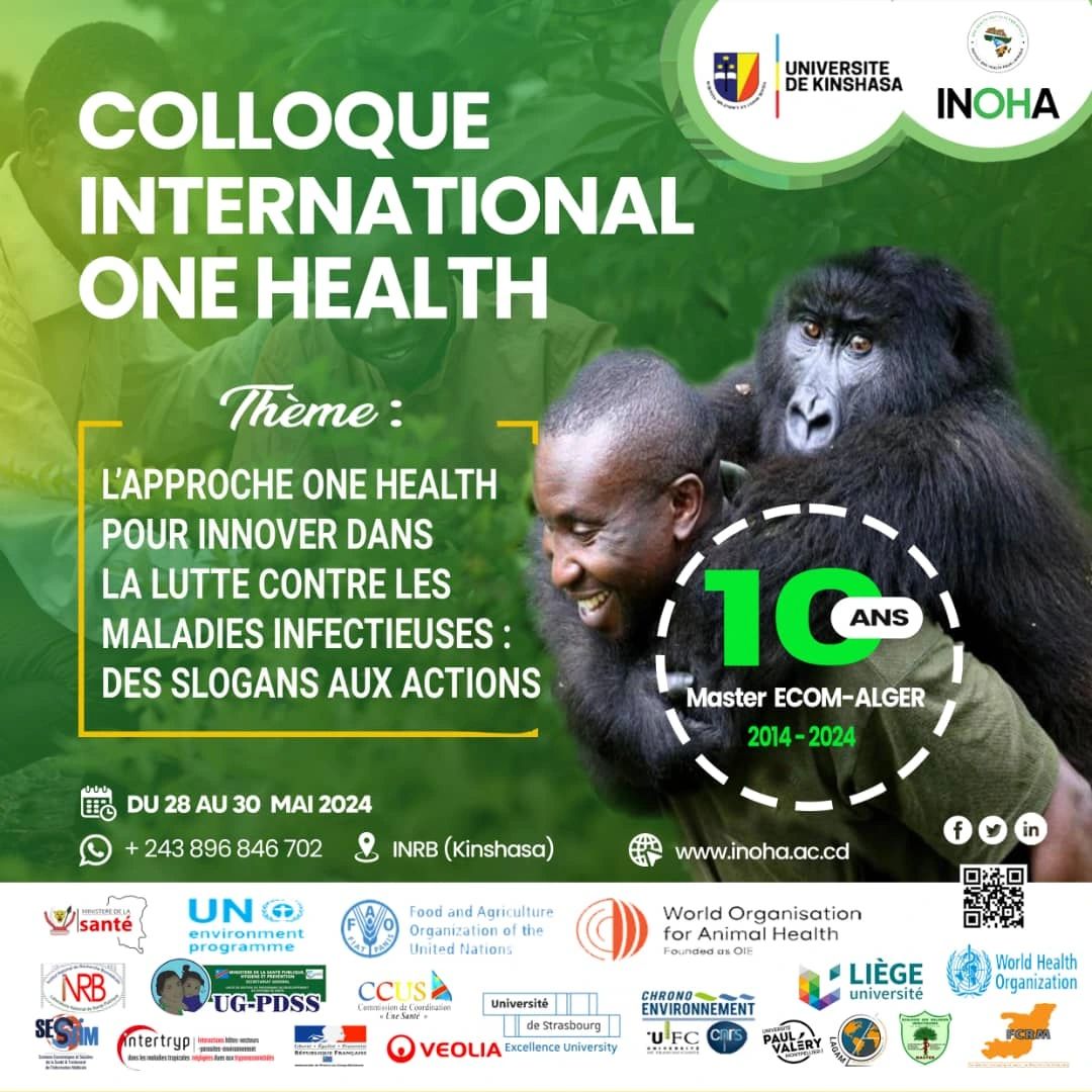 28 au 30 mai, Kinshasa 🇨🇩 : 10e anniversaire du Master d'écologie des maladies infectieuses, aléas et gestion des risques, et de la création de l'Institut One Health pour l'Afrique. #OneHealth Un beau partenariat avec @Chrono_env inoha.ac.cd