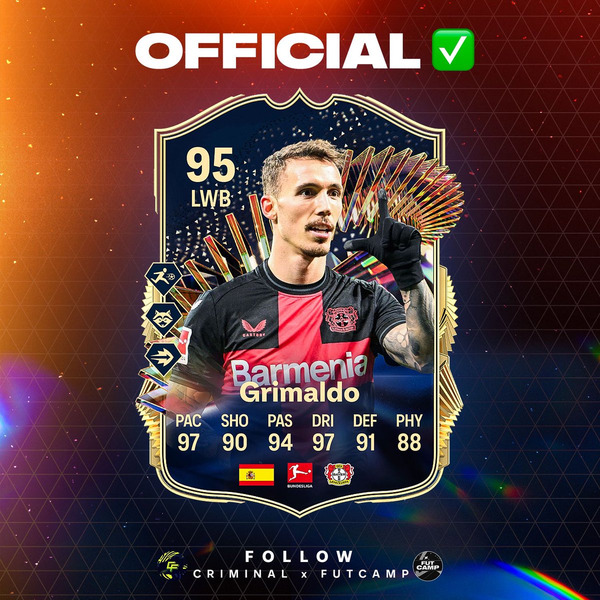 GRIMALDO TOTS OFFICIAL CARD 🌟 WWWW @grimaldo35 🔥🔥 Stats ✅ PS+ ✅ Dynamic ✅ Collab with @Criminal__x 🎨 Make sure to follow @fut_camp for more leaks 🔔