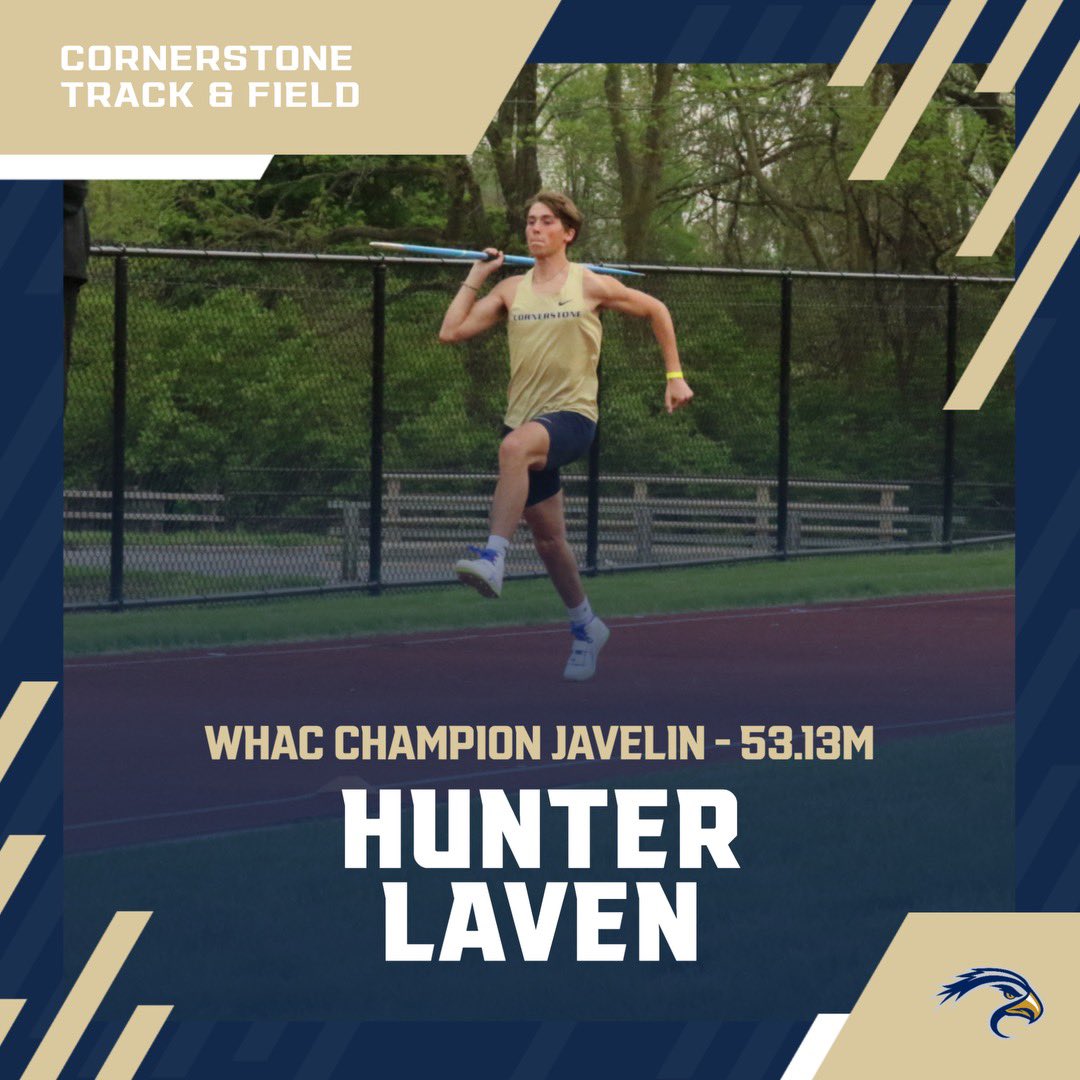 🚨🚨WHAC CHAMPION ALERT🚨🚨 Men’s javelin Hunter Laven throws a PR (53.13m / 174’ 4”) for the victory! Alex Schmidt also with a PR grabs the 🥉(49.17m / 161’ 4”). Each is now third and eighth respectively on the @CornerstoneXCTF all-time list.