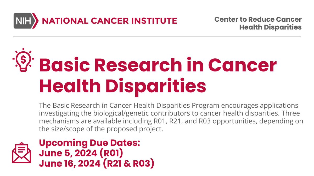 🔎 Are you looking for funding to support your cancer health disparities research? Check out our Basic Research in Cancer Health Disparities Program! cancer.gov/about-nci/orga… #FundingOpportunity #CancerResearch
