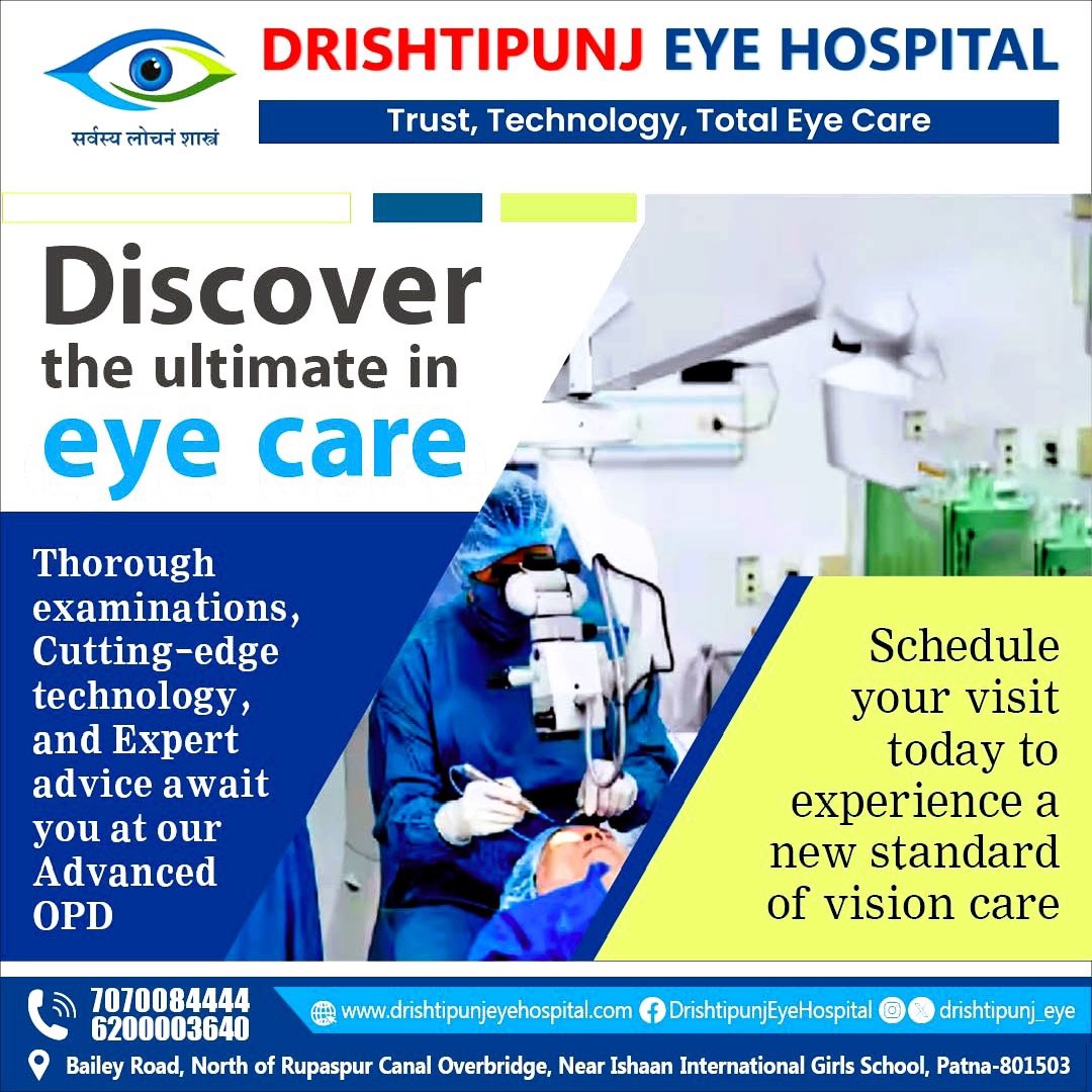 Experience top-tier eye care at our Advanced OPD.

Our thorough examinations, cutting-edge technology, and expert advice redefine vision care standards. Schedule your visit for a personalized experience.

#DrSPTiwary #Drishtipunj #EyeHospital #Patna #Bihar #EyeCare #EyeHealth