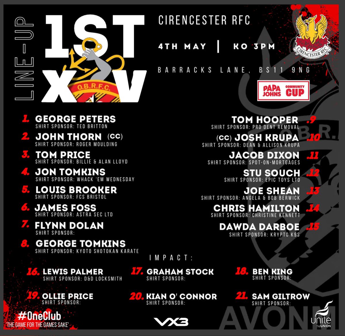 SQUAD ANNOUNCEMENT⤵️ Our 1st XV Squad to face @CirencesterRFC in the Papa Johns Counties 2 Shield Semi-Final. ⚫️🔴⚫️ @GRFUrugby @swsportsnews #PapaJohnsCommunityCup