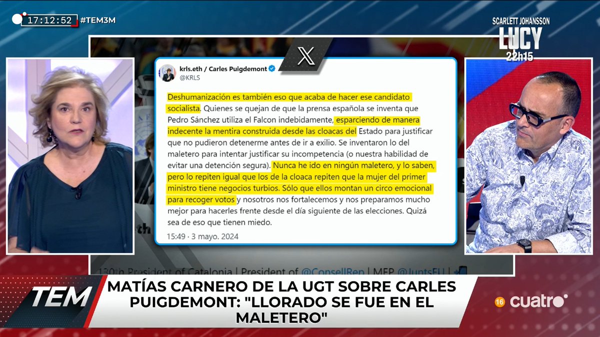 Matías Carnero de la UGT sobre Puigdemont: 'Llorado se fue en el maletero' cuatro.com/en-directo/ #TEM3M