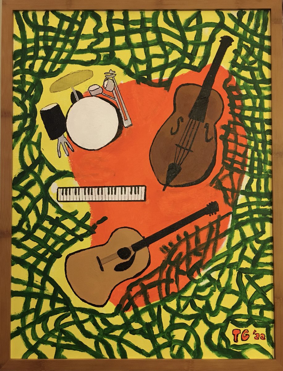 A painting by Thom Gambino (acrylic on canvas, 18” X 24”) 2022. TIME: Given the chaotic, random latticework of life on Earth, the one unifier is time–and music lives by its dictums. (click picture) thomgambino.com