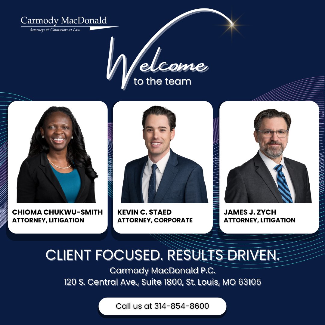 We are thrilled to welcome 𝗖𝗵𝗶𝗼𝗺𝗮, 𝗞𝗲𝘃𝗶𝗻, and 𝗝𝗮𝘆 to our team! #NewHires #LegalTeam #WelcomeAboard #STLattorneysToKnow #CarmodyMacDonald