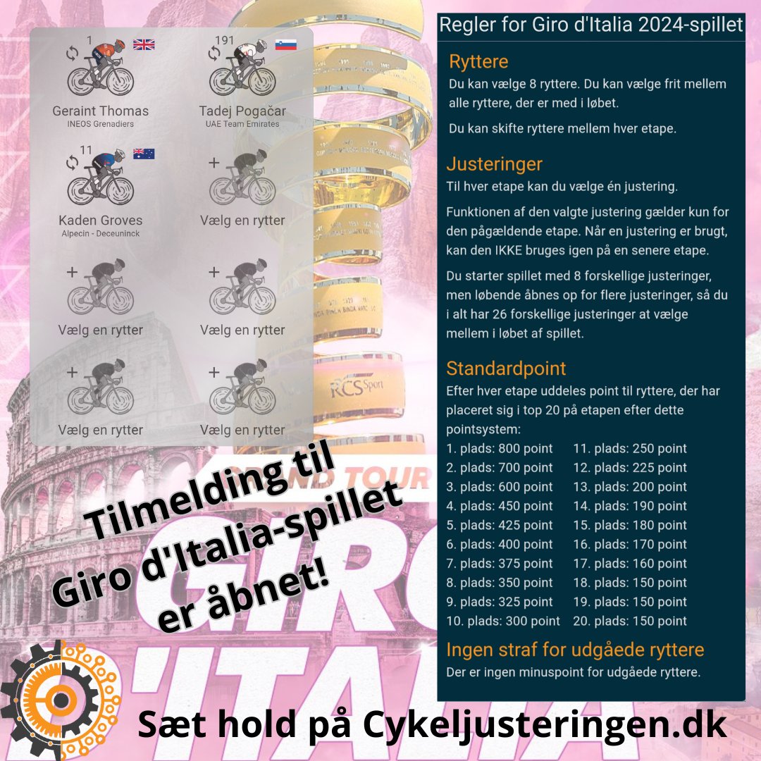 Husk at sætte hold på Cykeljusteringen.dk inden 1. etape af #GirodItalia starter i morgen!

Det er fuldstændig gratis at spille med, og hvis du spiller med nogle venner, kan I oprette en Groupetto og dyste internt!

#cykling #cyklingdk #managerspil #cykeljusteringen