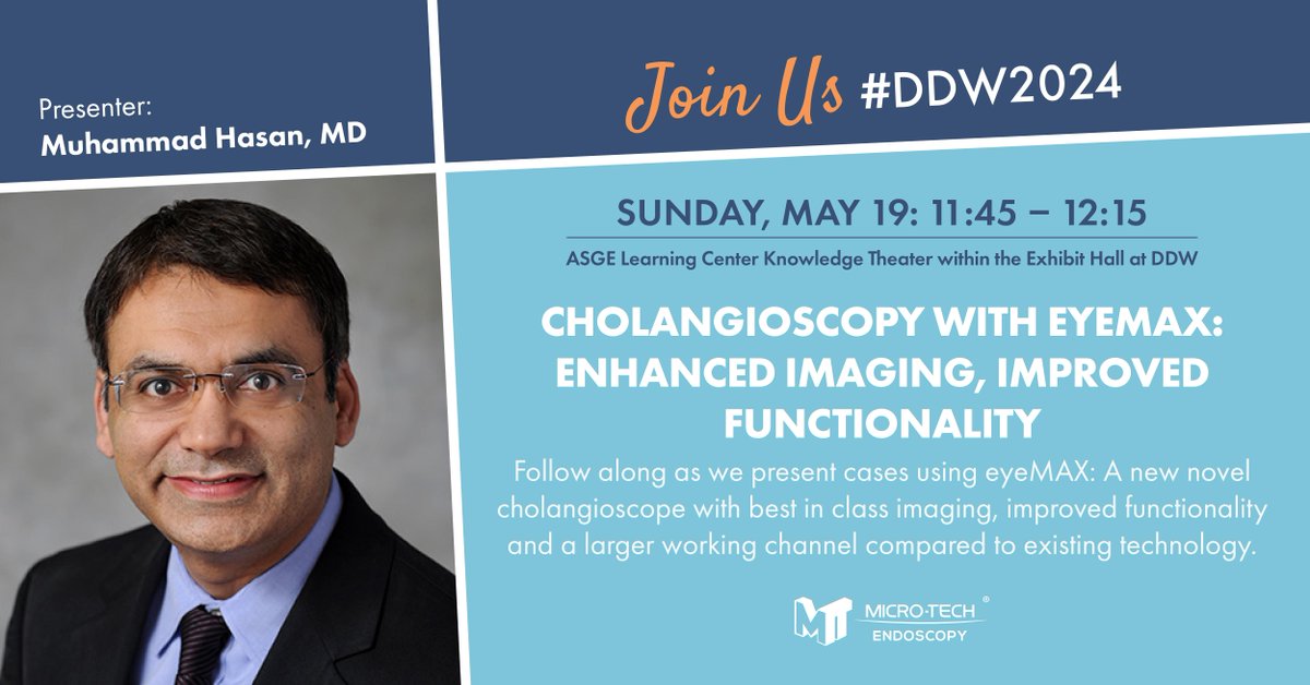 MicroTechEndo's tweet photo. Countdown to #DDW2024! Join us May 19th for Dr. Muhammad Hasan's presentation on Cholangioscopy with eyeMAX. Stay tuned for updates! ##GItwitter #Innovation https://t.co/kZdviJy95c
