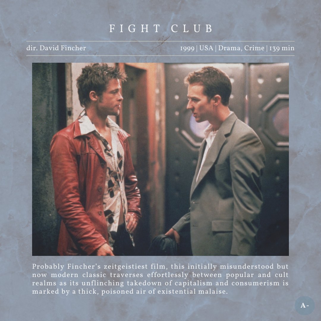 Probably #DavidFincher’s zeitgeistiest film, where its unflinching takedown of capitalism and consumerism is marked by a thick, poisoned air of existential malaise.

Review #2,793 - wp.me/pat7iE-6BH
#FightClub #EdwardNorton #BradPitt