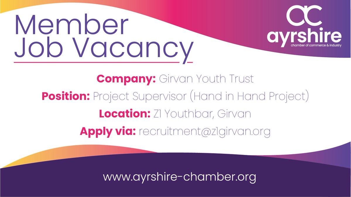 **Member Job Vacancy** @girvanyouthtrst are recruiting for a Project Supervisor (Hand in Hand Project) to join their team. 🌏 Z1 Youthbar, Girvan To apply, or for further information, please email recruitment@z1girvan.org #Ayrshire #JobsInScotland