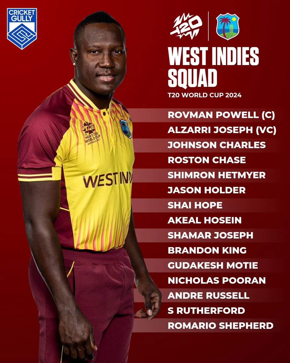 West Indies squad for ICC Men's T20 World Cup 2024!🏏🏆

Hitmayer and Shamar Joseph ✅

Mayers and McCoy ❌

Follow @SportsProd37.for Sports updates & news .

#T20WC2024 #T20WorldCup2024 #T20WorldCup #westindiescricket #rovmanpowell #alzarrijoseph #jasonholder #nicholaspooran