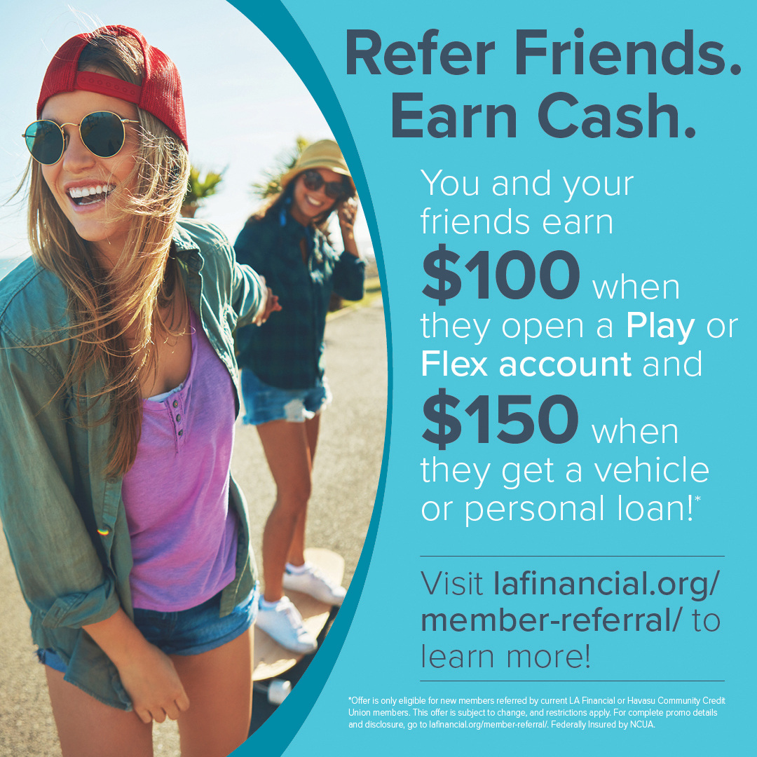 Hey, member! 👋 You and your friends earn $100 when they open a Play or Flex checking account and $150 when they get a vehicle or personal loan!*
👉 Learn more at bit.ly/4bhZndd!💰
#LAFinancialCU #HelpingYouBuildYourFuture #WinWin #ReferAFriend #LosAngeles #Pasadena