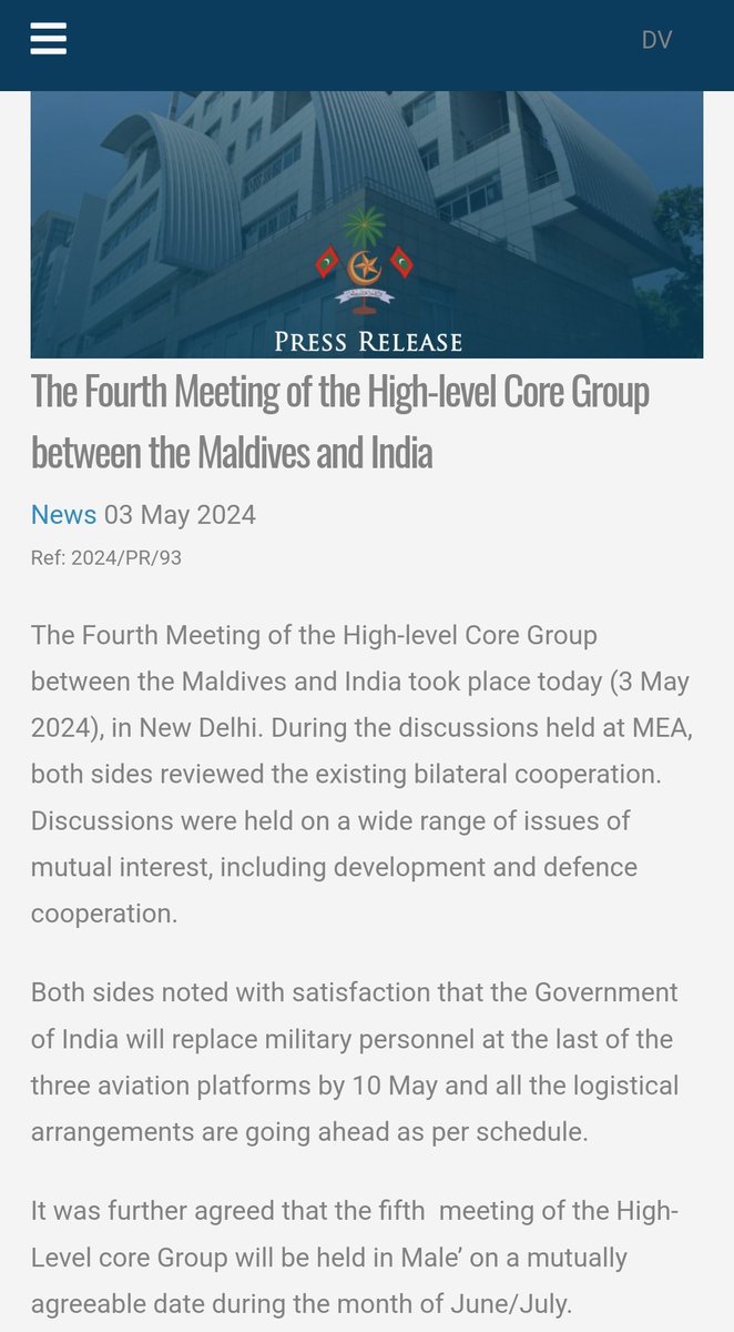 Just in: Indian Govt will replace military personnel at the last of the three aviation platforms by 10 May: Maldives Foreign Ministry release on India Maldives Core Group meet