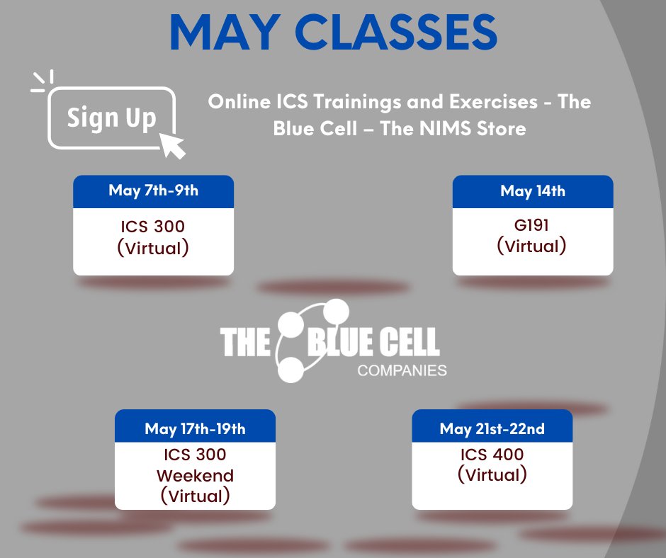 If you need an ICS 300, ICS 400 or G191 May is your month!! Take a look at The Blue Cell's May training calendar and sign up now! thenimsstore.com/pages/calendar #TheBlueCell #TheNimsStore #training #virtualtraining #inperson