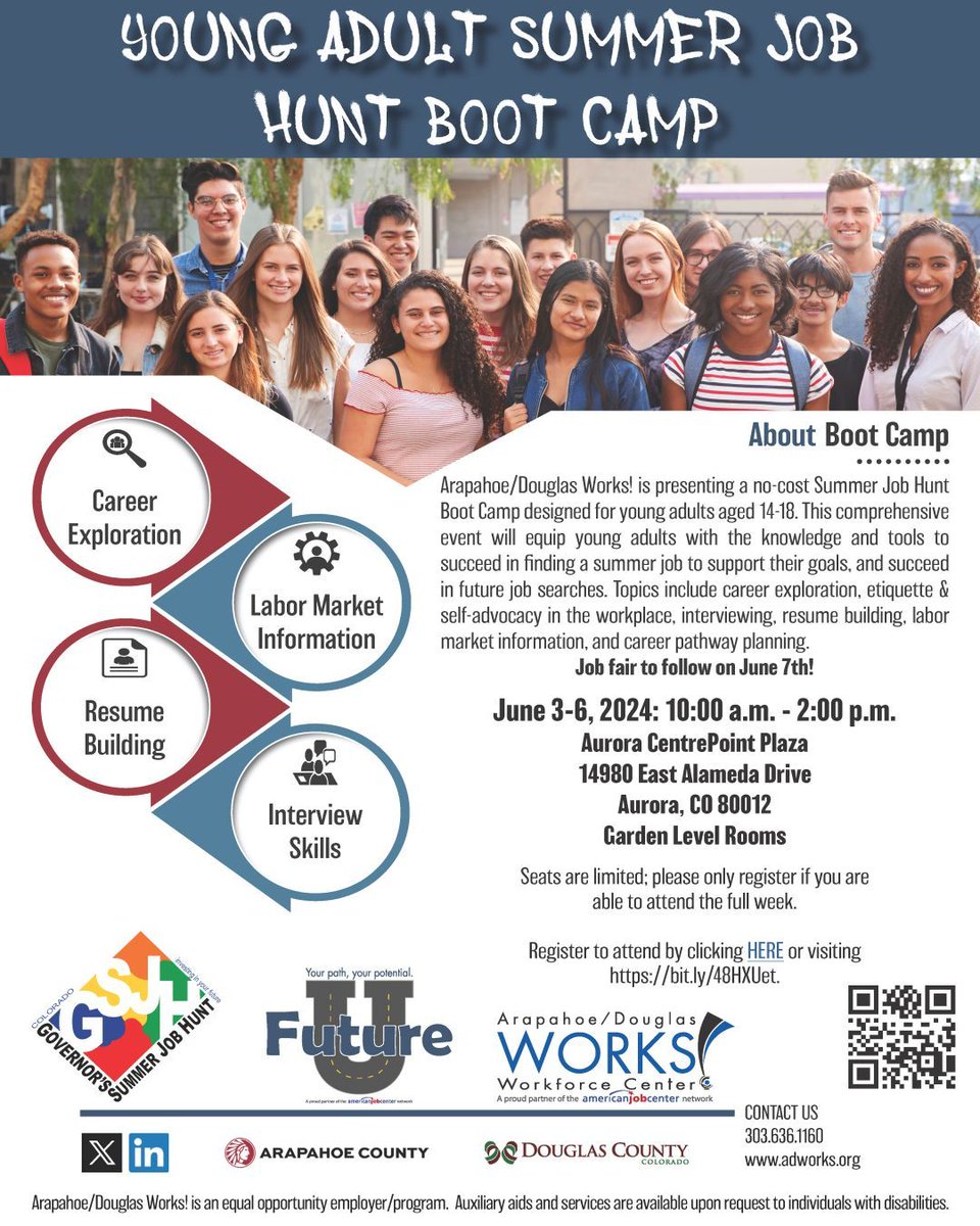 A/D Works! is hosting a no-cost Summer Job Hunt Boot Camp for young adults aged 14-18. The boot camp will be held June 3rd - 6th in Aurora. A job fair will follow on June 7th. Register by May 19th at buff.ly/3wLm5vn as seats are limited.

#CareerPlanning