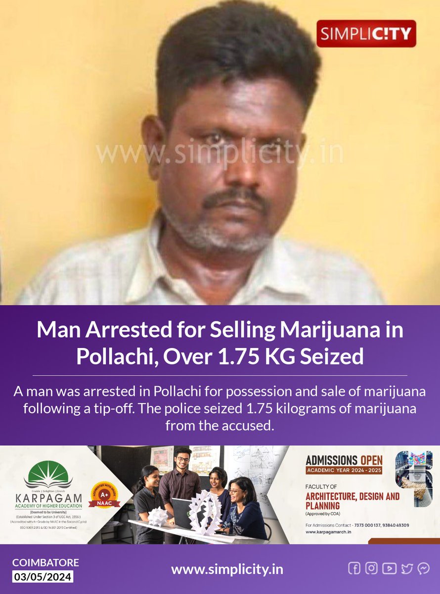 Man Arrested for Selling Marijuana in Pollachi, Over 1.75 KG Seized simplicity.in/coimbatore/eng…