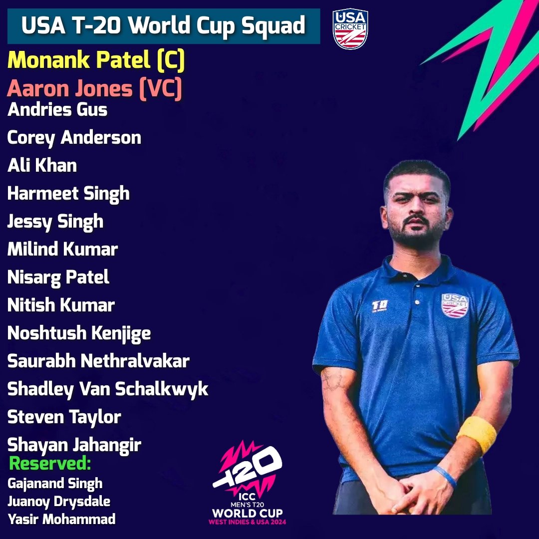 #USA Squad announced for #T20WorldCup2024 

#T20WorldCup24 #T20WorldCupSquad 

@usacricket @T20WorldCup