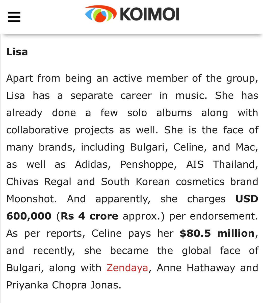 In July 2023, as reported by Indian media outlet Koimoi, Celine invested $80.5 million in #LISA for GBA. For each endorsement, #LISA commands a fee of $600,000, showcasing her awareness of her worth. In comparison, J -D $64.8 million, YSL- R $64.5 million, C -J $28.8 million.