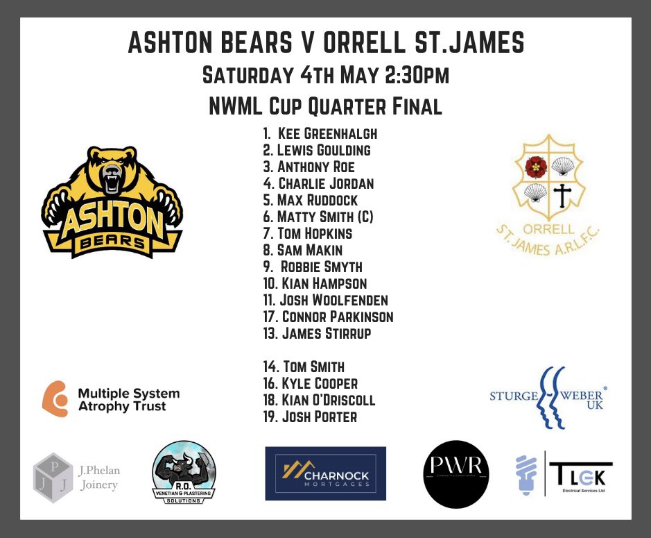 OPEN AGE TEAM NEWS Here’s how we line up for tomorrow’s NWML Cup Quarter-Final with Orrell. Our lads would love your support for what is a massive game and our first one at home this year. 🐻🏉👍🏻
