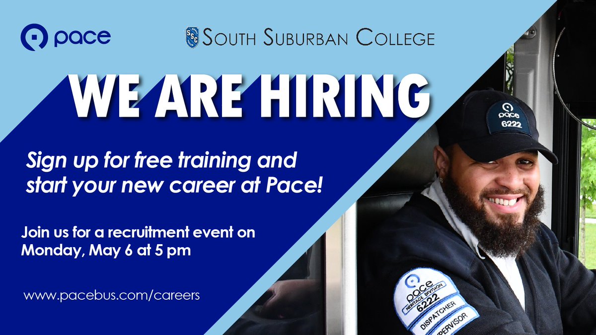 Looking for a GREAT career? Meet with Pace Bus at this pre-hire event at South Suburban College on Monday, May 6 at 5 pm to learn about becoming a professional bus operator. To learn more, please visit: bit.ly/3QoqUSc.