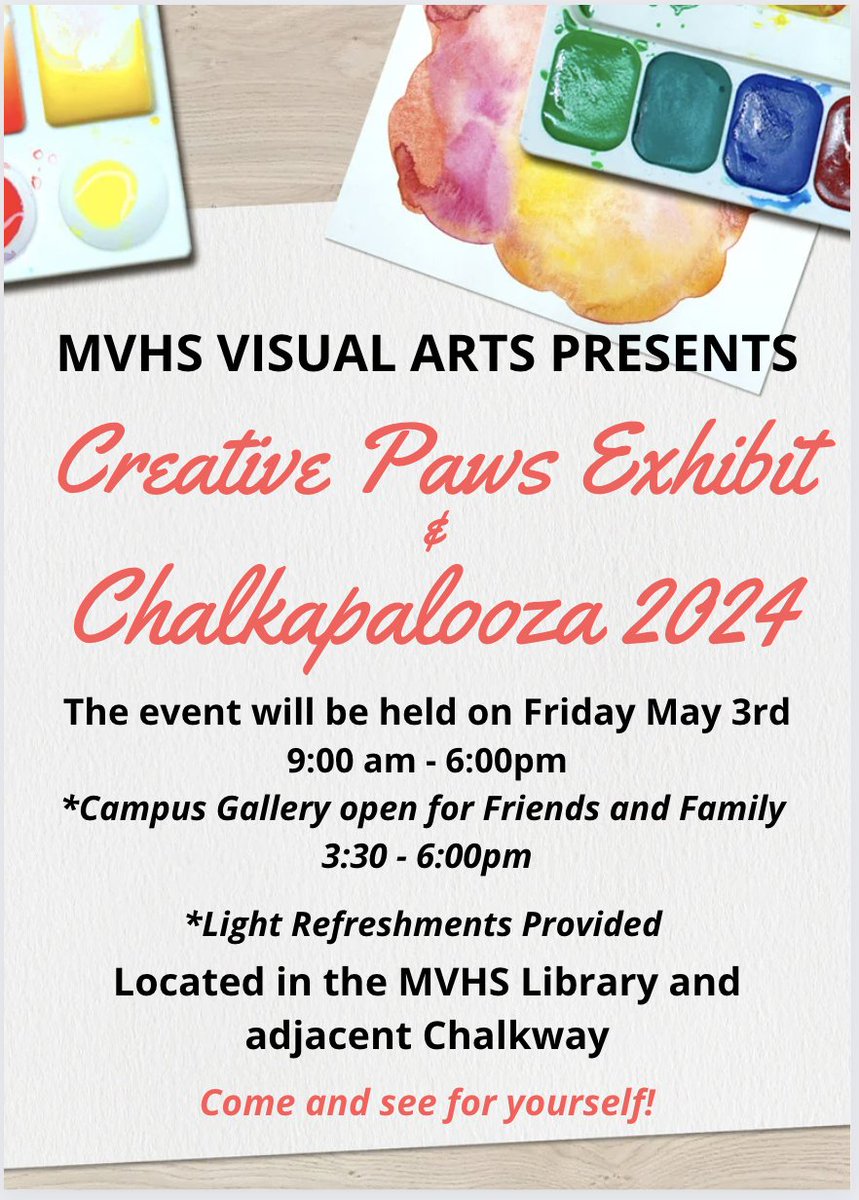 #FineArtFriday at MVHS!🐺 Great day for the arts today!🎭🎼🎨🖌️ ✅The last two shows of 'The SpongeBob Musical' are tonight and Saturday at 7 pm. 🌠Chalkapalooza and Creative Paws Arts Show are also today from 3:15 to 6 pm! Have an excellent day and weekend Timberwolves!