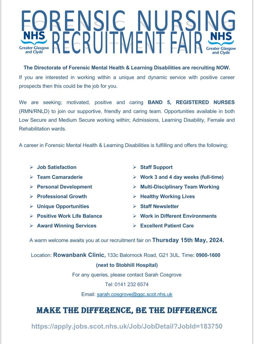 We are recruiting Registered Mental Health Nurses and Learning Disability Nurses for our Medium and Low Secure services

Get in touch or come along to our recruitment fair ❤️
 youtu.be/C_HvxOZDy9c?si…

#forensicmentalhealth
#mentalhealthnursing
#learningdisabilitynursing

@NHSGGC