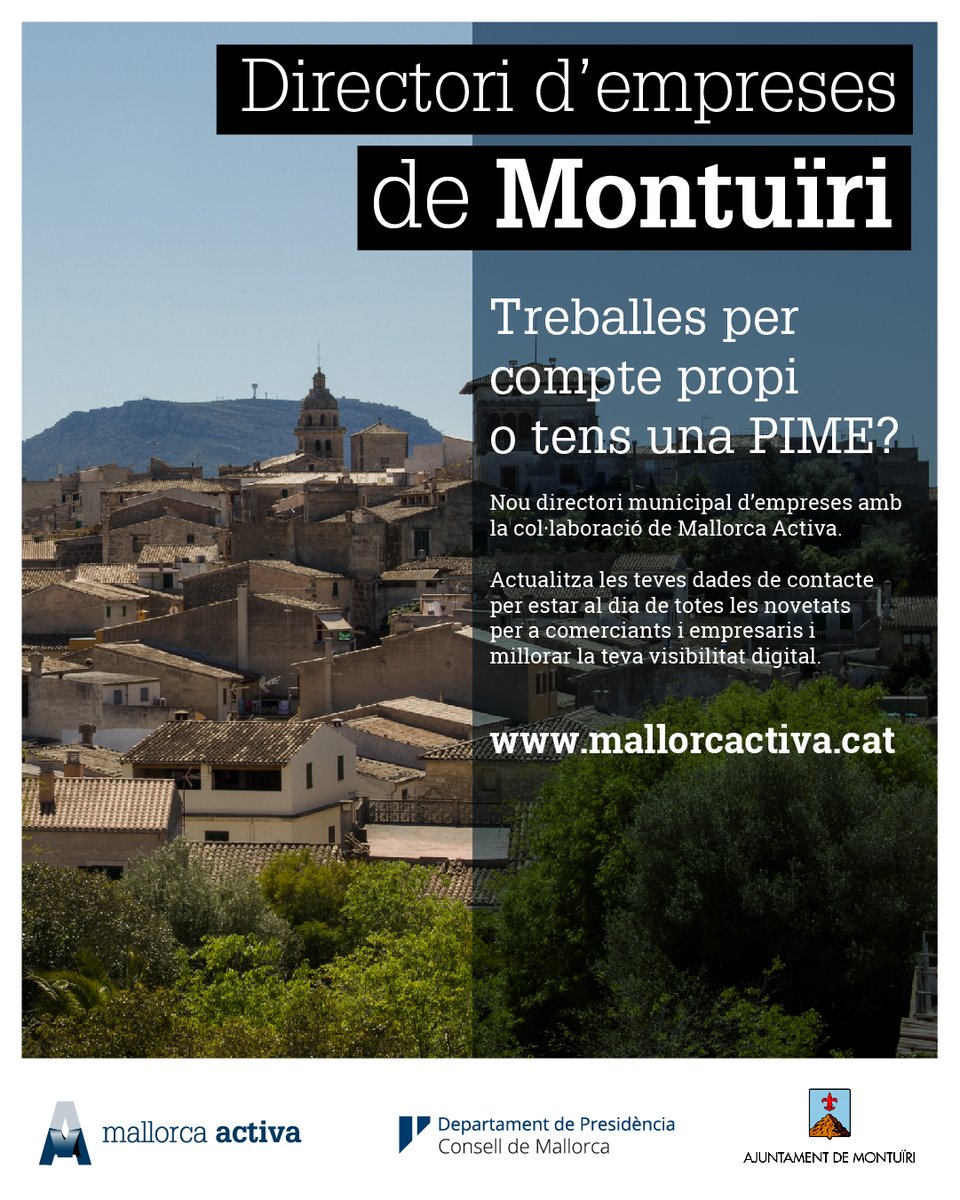 🍓 Saps quants supermercats hi ha a #Montuïri? 

⛽️ I benzineres?

🤔 El directori d'empreses de #MallorcaActiva ho sap! I molt més!

🖇 Apunta’t gratuïtament al directori per millorar la teva imatge digital👇
bit.ly/MallorcaEmpresa

#Comerç #Empresa #Emprenedoria